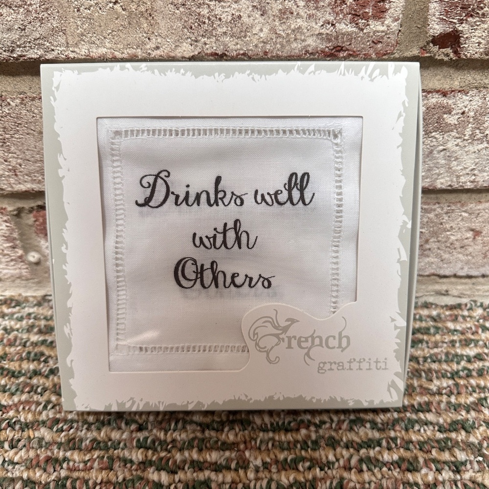 NEW French Graffiti Linen Cocktail Napkin - Drinks Well With Others - Set of 4